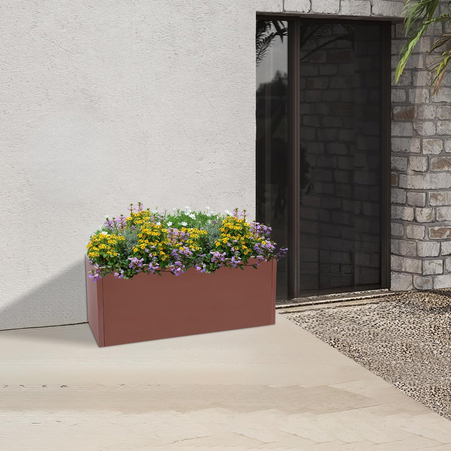 TFCFL Large Planter Box, Rectangular Steel Raised Garden Bed with Drainage, Outdoor Indoor Flower Pot for Balcony Patio, Heavy Duty Plant Container for Gardens, Halls, Terraces 38x15x15 Inch（Brown）