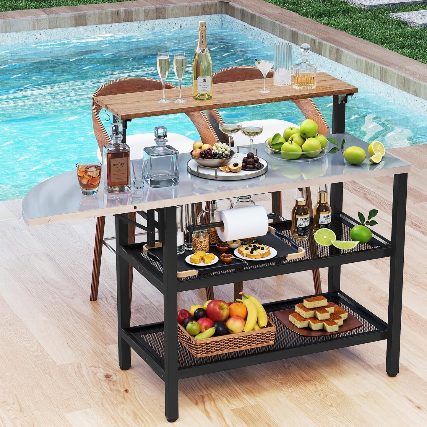 Giantex Outdoor Bar Table with Flip-Up Top & Foldable Side Table, 4-Tier Grill Stand with Storage Shelves, Hooks, Paper Towel Holder, Patio Kitchen Island Food Prep Cooking Station