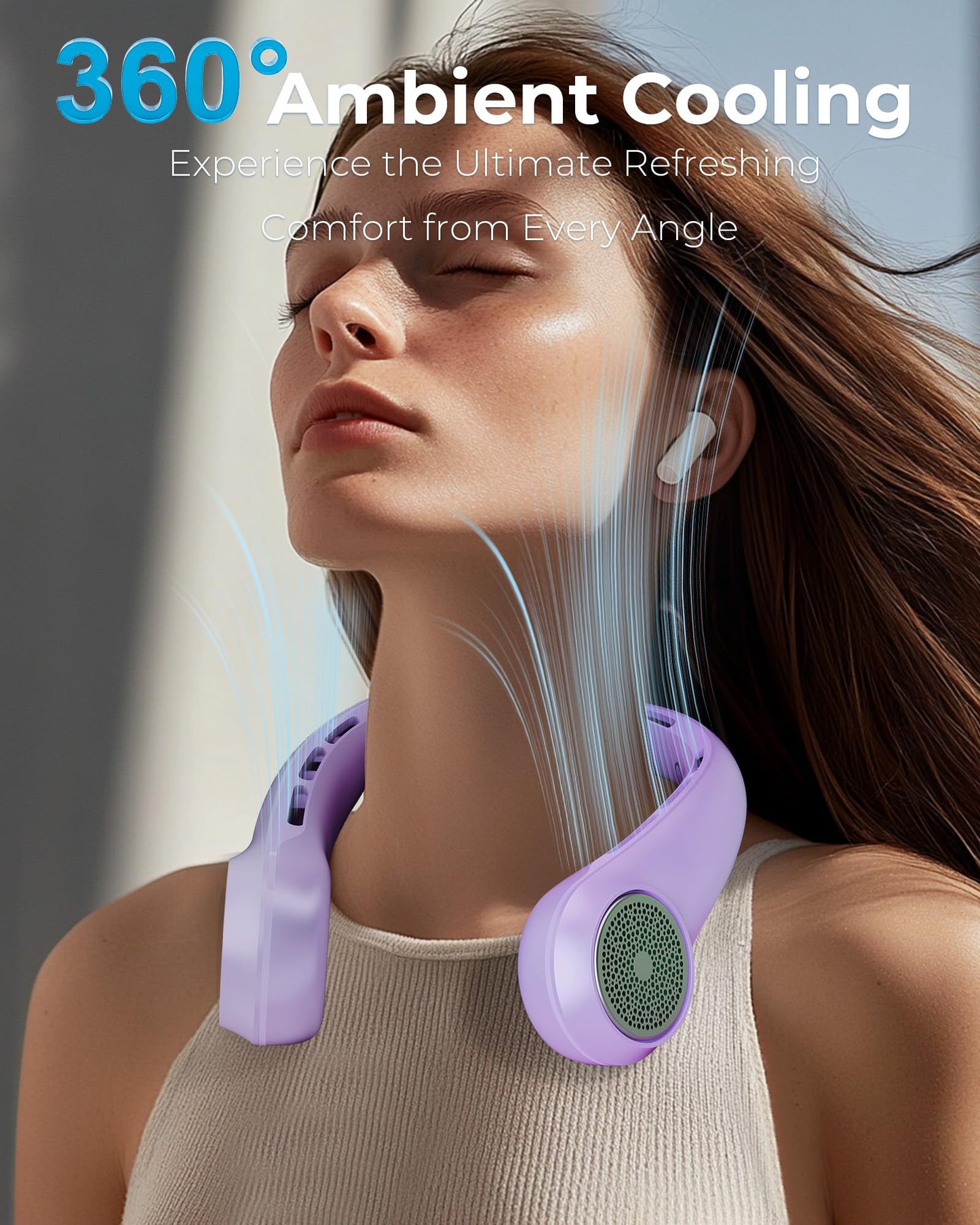 TUNISE Neck Fan, Portable Neck Fan with LED Display, 360° Cooling, 3-Speed Adjustment & Whisper-Quiet Operation, Twistable, Rechargeable, Gift for Women Men,Travel Essential,Light Purple