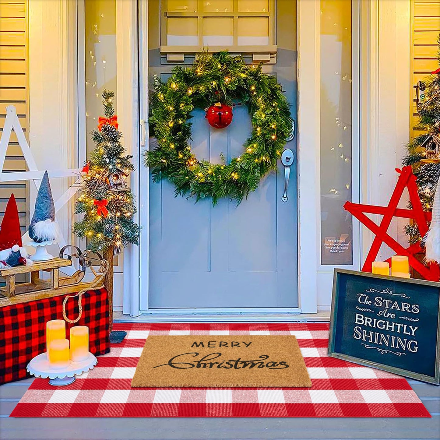 Christmas Door Mat Combo Set - 100% Coco Coir Welcome Mat + 3' x 5' Red and White Plaid Rug, Christmas New Year Holiday Collection Doormat for Front Porch Entryway Decorative
