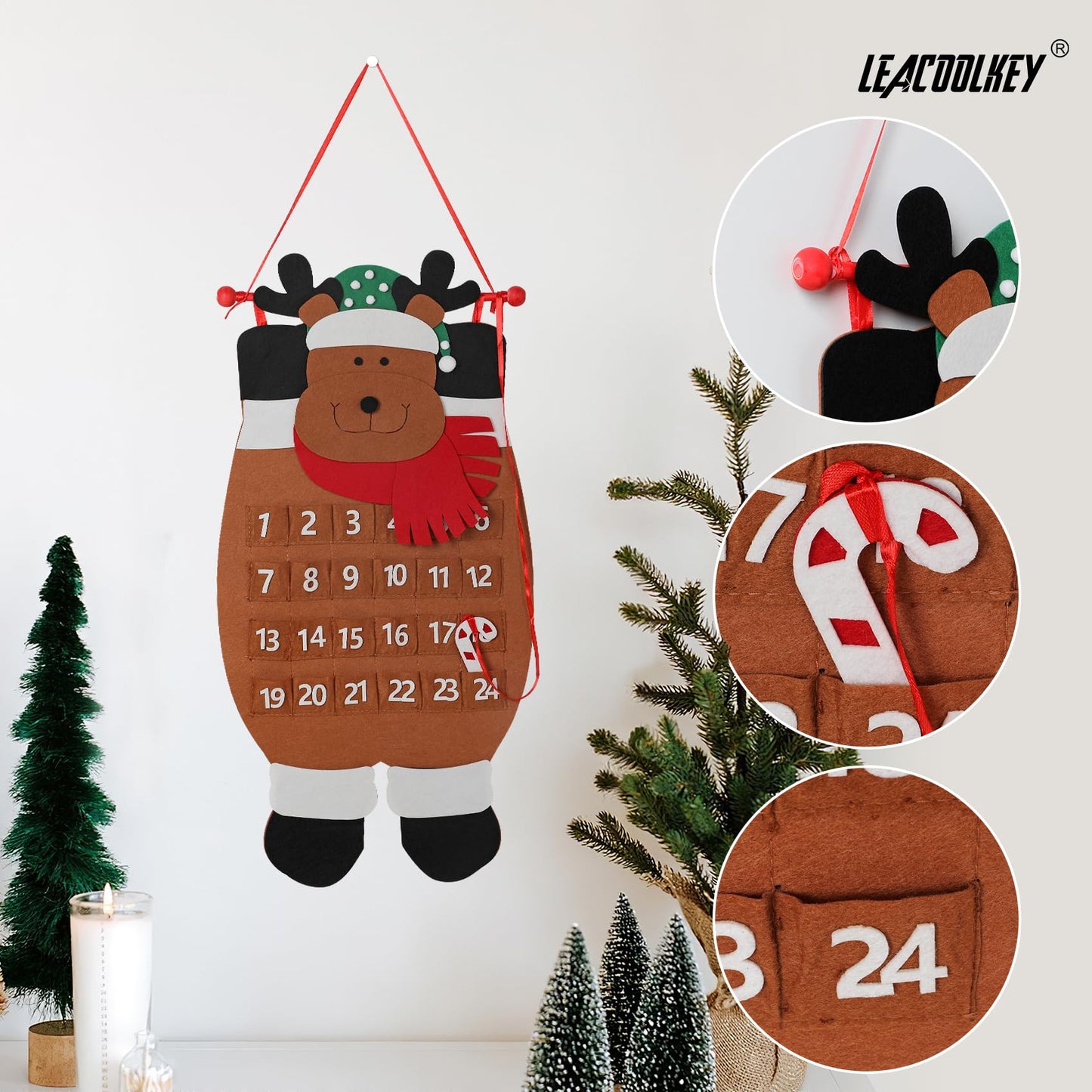 Christmas DIY Advent Calendar Felt Advent Calendar with Pockets Hanging Reusable Countdown Calendar for Kids Christmas Decorations Gifts (Brown elk)