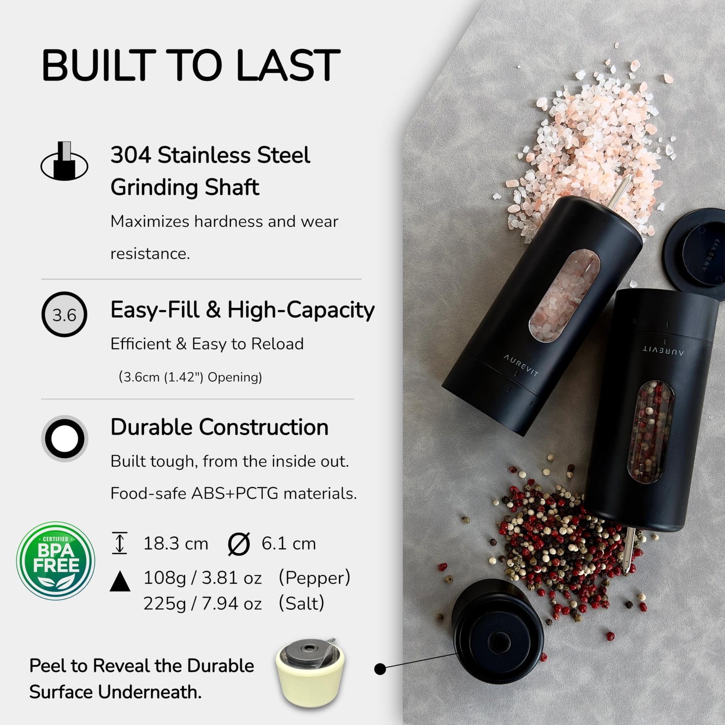 Aurevit Salt And Pepper Grinder Set Manual, Salt And Pepper Mill With Ceramic/Stainless Steel Core, External Adjustable Coarseness, Refillable, Durable (2 Packs, Blue-Grey)