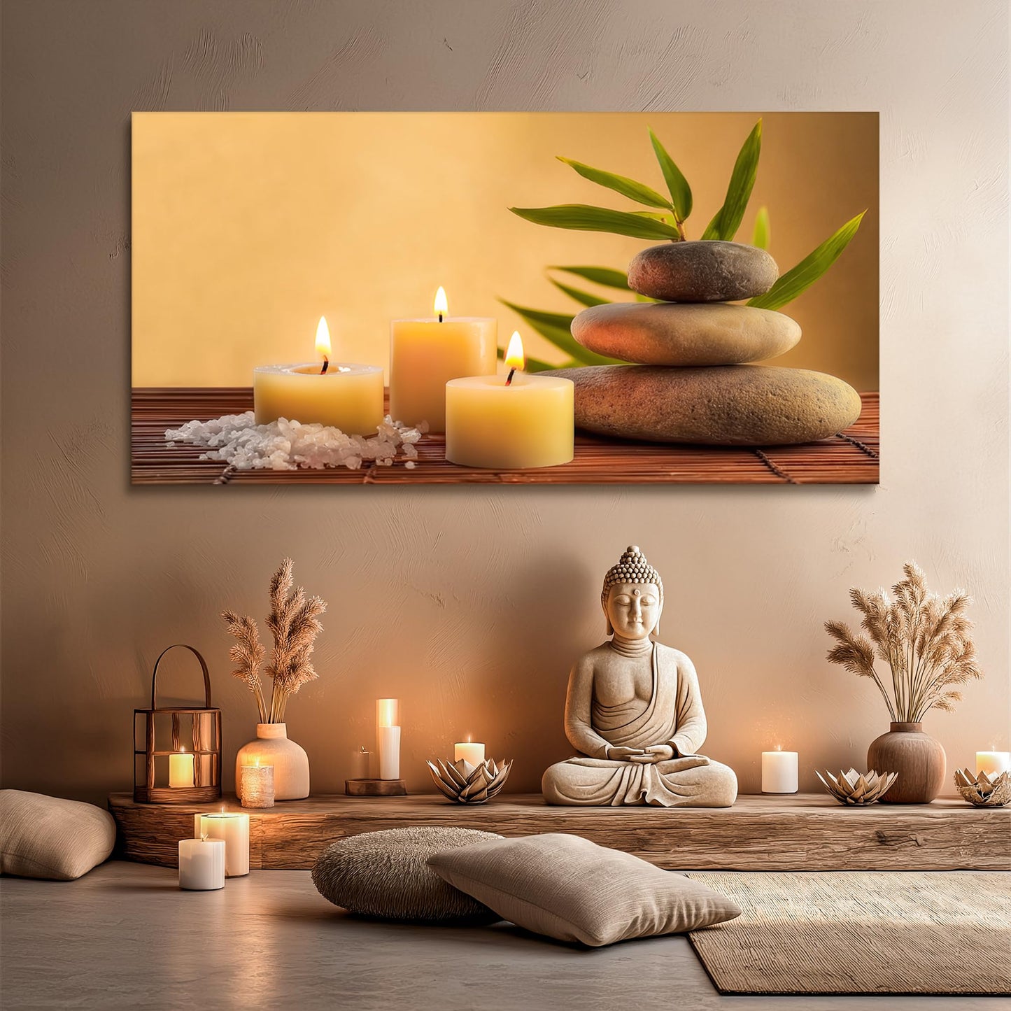 SLYCAY Oversized Large Meditation Zen Stone Canvas Wall Art, Yellow Candle Spa Wall Decor Minimalist Neutral Calming Prints Yoga Room Bathroom Bedroom Office Living Room 29"X58"