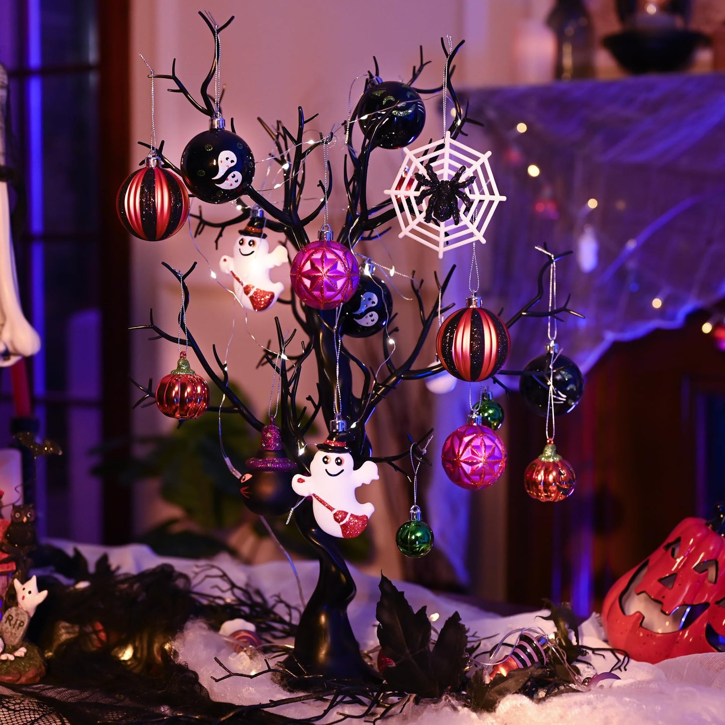 Valery Madelyn Halloween Ornaments Tree Decorations, 40ct Large Shatterproof Ghost Cat Jack-o'-Lantern Pumpkin Hanging Ball Ornaments Set for Small Tree, Cute Holiday Party Indoor Home Decor