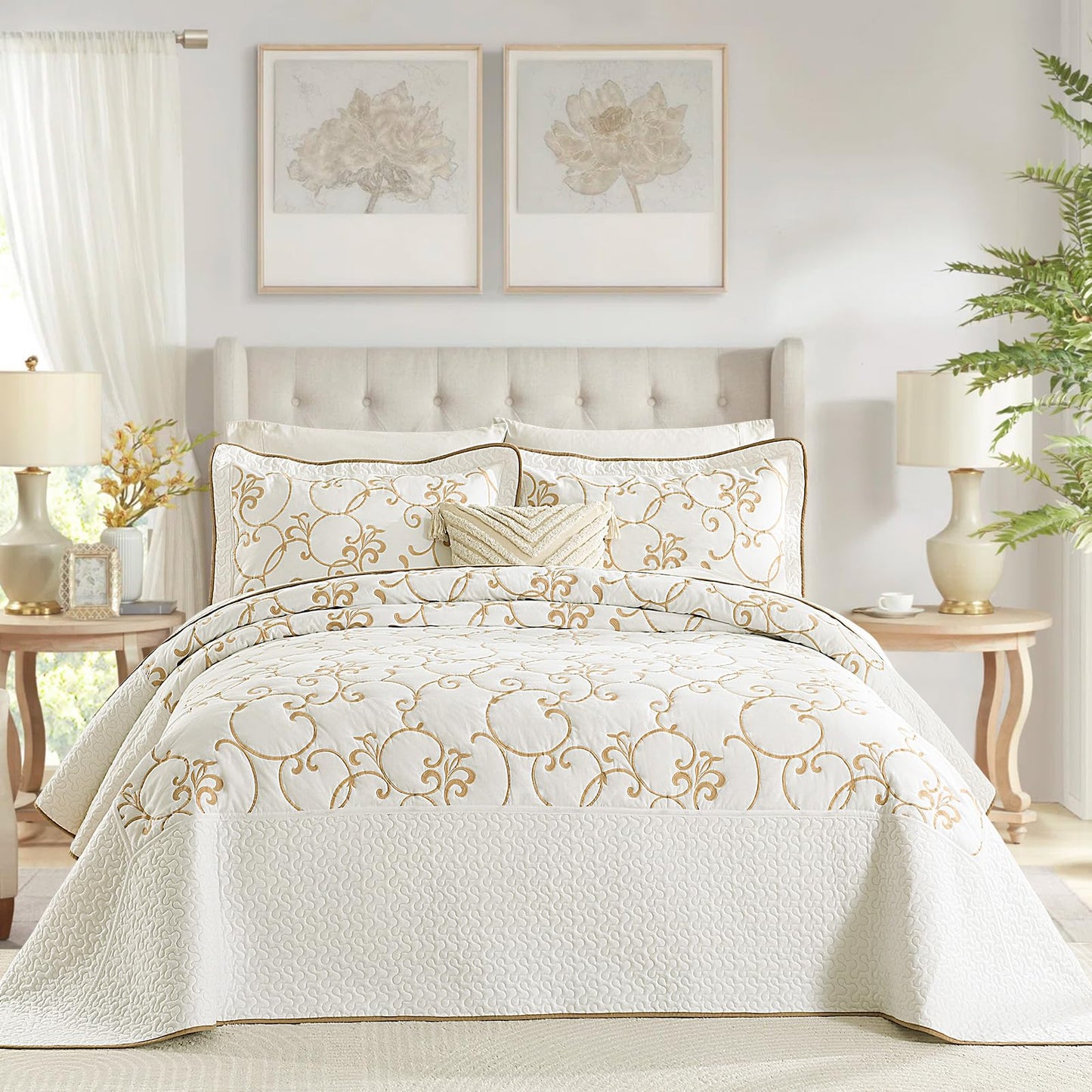 FineStichery 100% Cotton Oversized Bedspread Quilt Coverlet Set, 120"x120" Extra Large King Bedspreads with Pillow Shams, Lightweight Embroidered Bedding Cover 3 Piece, Beige/White