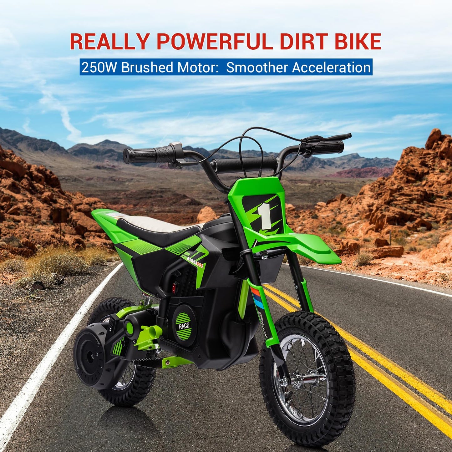 GarveeLife 24V Kids Ride On Electric Off-Road Motorcycle,250W Motor 13.6MPH Fast Speed Dirt Bike Motocross,Leather Seat,Twist Grip Throttle,Metal Suspension,Air-Filled Tires for Kids Riding Toy,Green