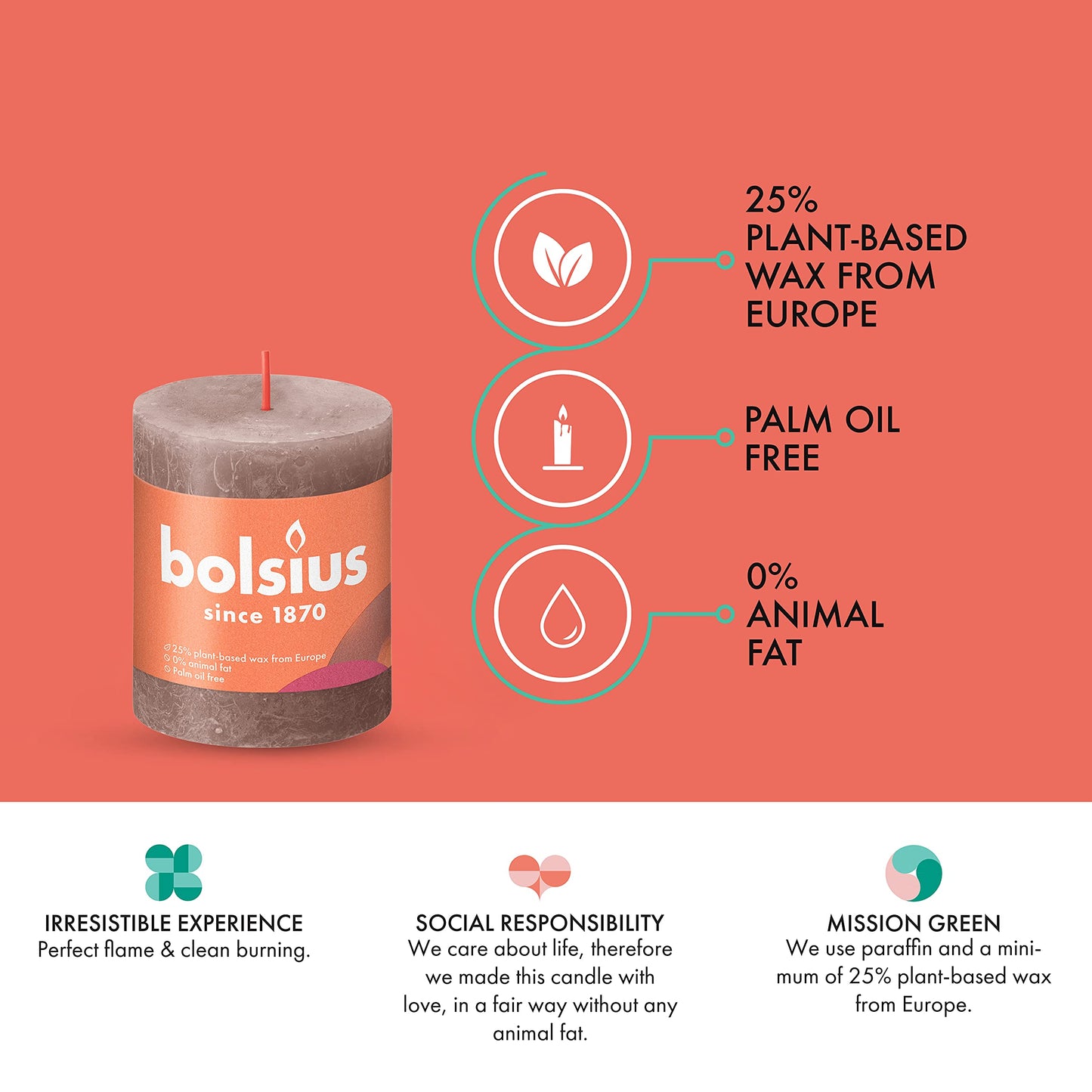 BOLSIUS 4 Pack Taupe Rustic Pillar Candles - 2.75 X 3.25 Inches - Premium European Quality - Includes Natural Plant-Based Wax - Unscented Dripless Smokeless 35 Hour Party and Wedding Candles
