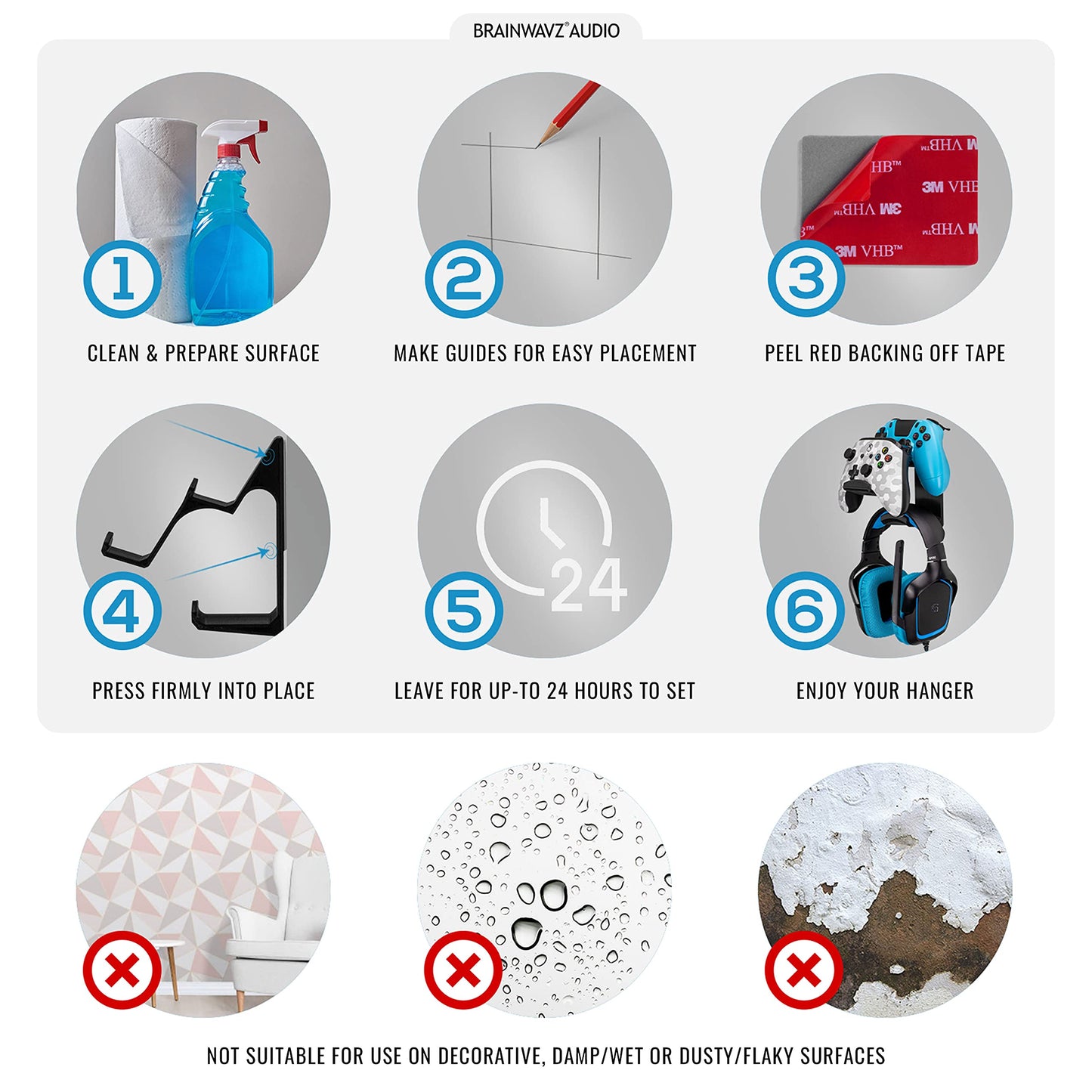 The UberAtlas Dual Game Controller & Headphone Stand Wall Mount Holder for Xbox ONE, Series X, PS5, PS4, PS3, Switch, STEELSERIES Gamepad & More, Stay Organized No Screws, by Brainwavz (Two Pack)