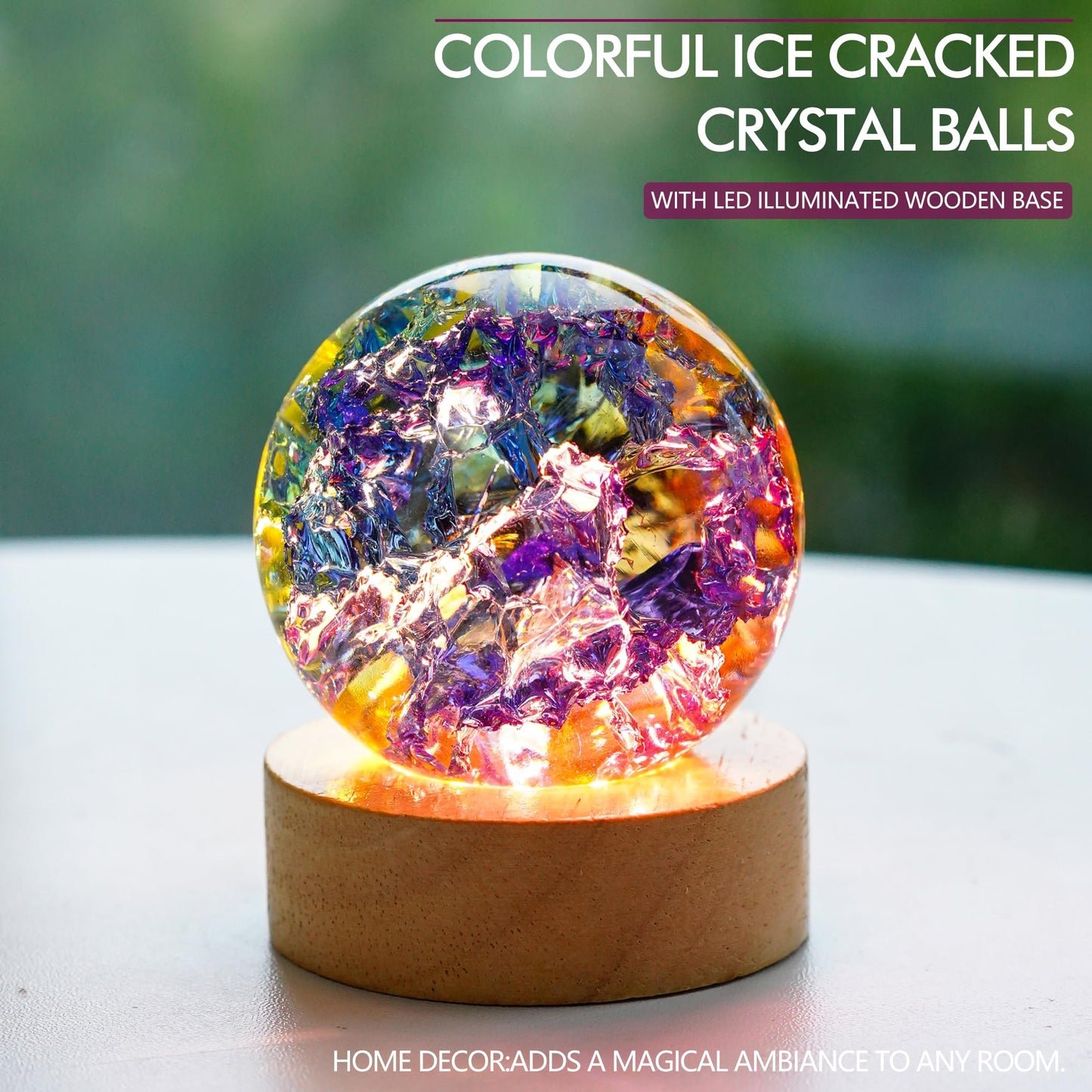 LOULIQIGIFT 60mm Colorful Ice Cracked Crystal Balls with Wooden Light Base and 7 Colors Ice Cracked Balls with LED Wooden Base 40mm Healing Sphere Balls Set