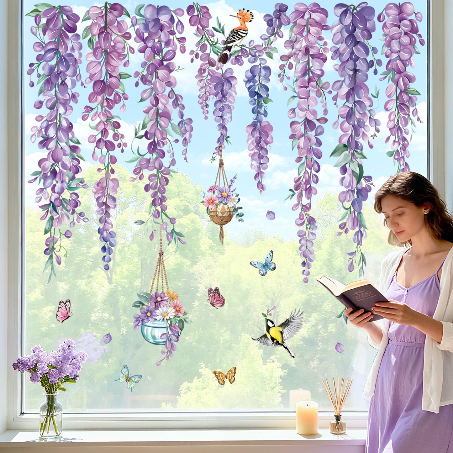 decalmile Spring Summer Purple Flower Hanging Vine Double Sided Window Clings Wisteria Floral Anti-Collision Glass Doors Window Stickers Decals