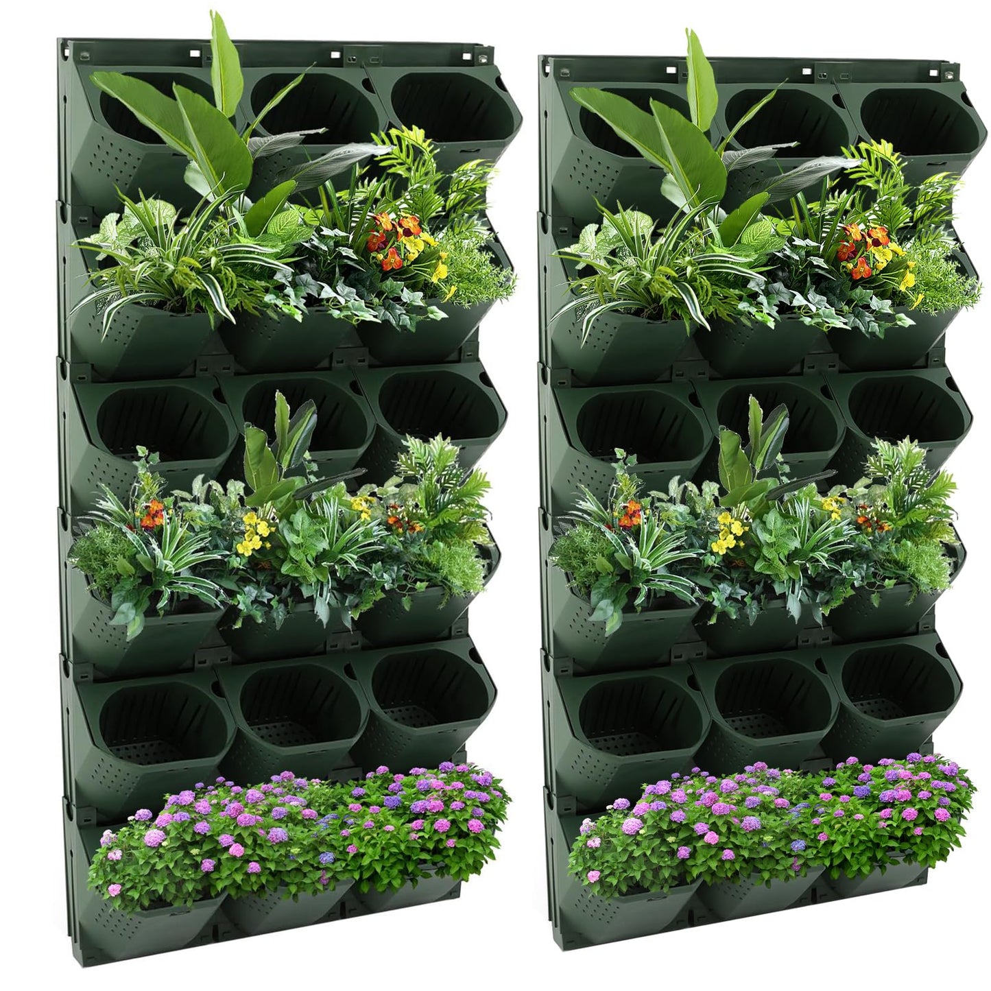 kunghei 36-Pot Wall Mounted Planter – Vertical Wall Planter with Water Storage Layer, Stackable Flower Pot Holder for Indoor Outdoor Garden Balcony (12 * 3-Pot) (Army Green)