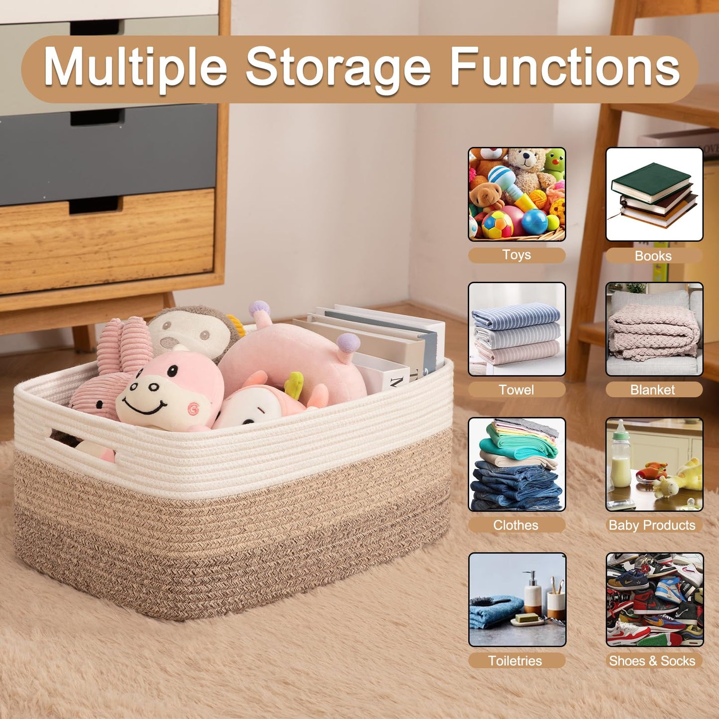 OIASKET Large Storage Basket for Organizing, Woven Rope Basket for Shelves, Closet Organizer Bins for Clothes, Blanket, Toys, Baby Nursery Storage, 17.7" x 13" x 7.87", 2 Packs Gradient Yellow