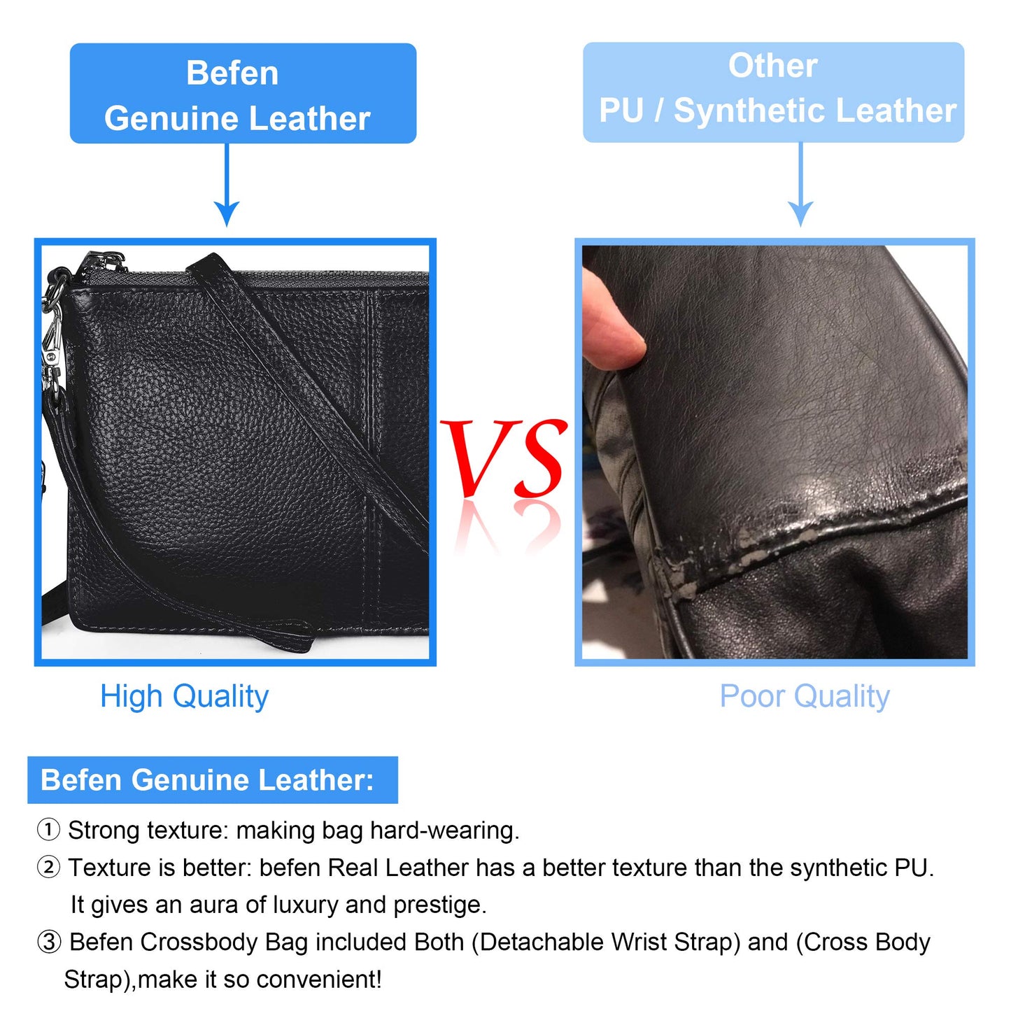 befen Small Leather Crossbody Bag for Women, Cell Phone Cross Body Black Clutch Purses Ladies Handbags & Shoulder bags, Envelope Wristlet Clutch Wallet with Wrist Strap