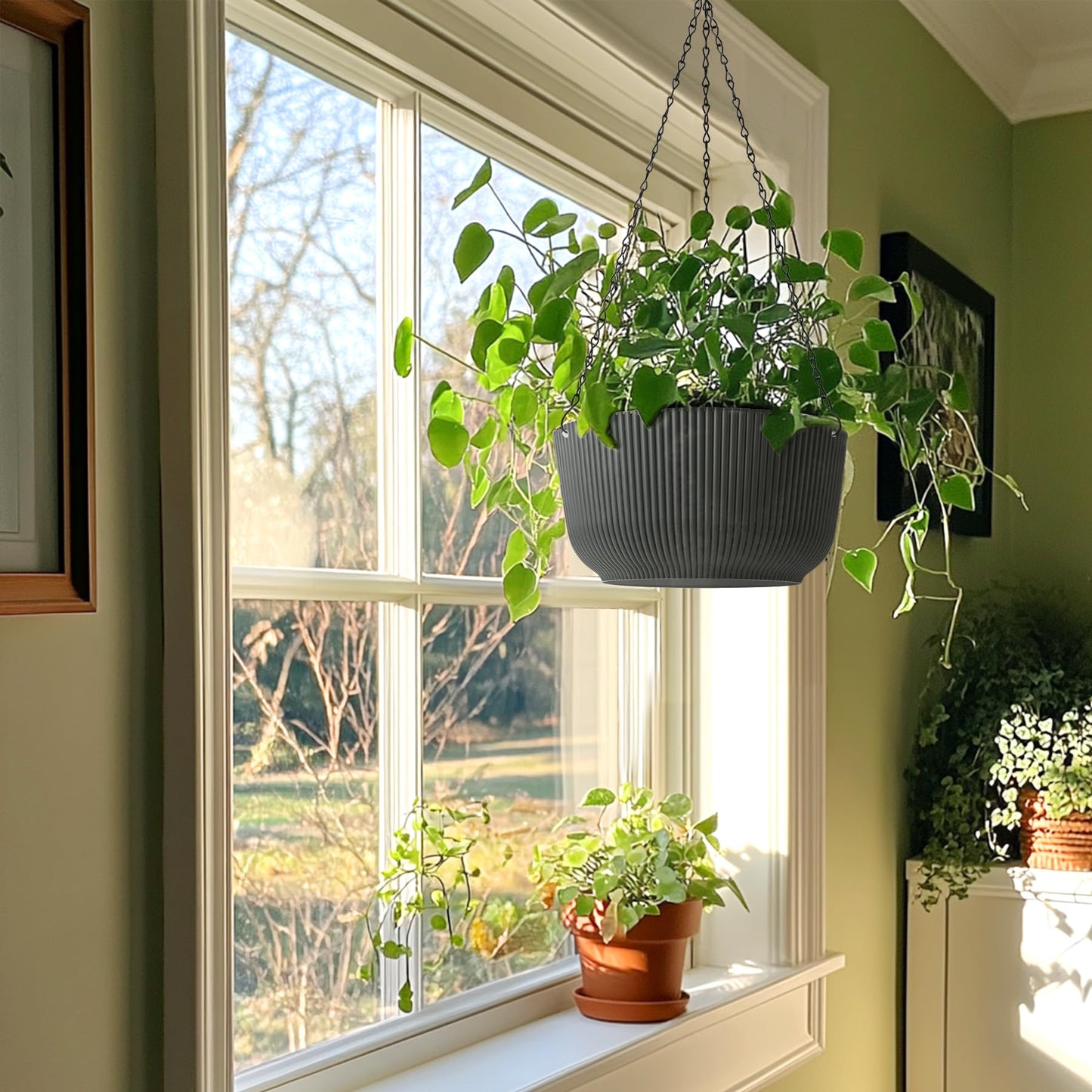 T4U 12 Inch Large Hanging Planters for Outdoor Plants, 2 Pack Self Watering Pots Indoor, Hanging Baskets for Plants,Hanging Flower Pot with Drainage Hole and Plant Hanger, Grey