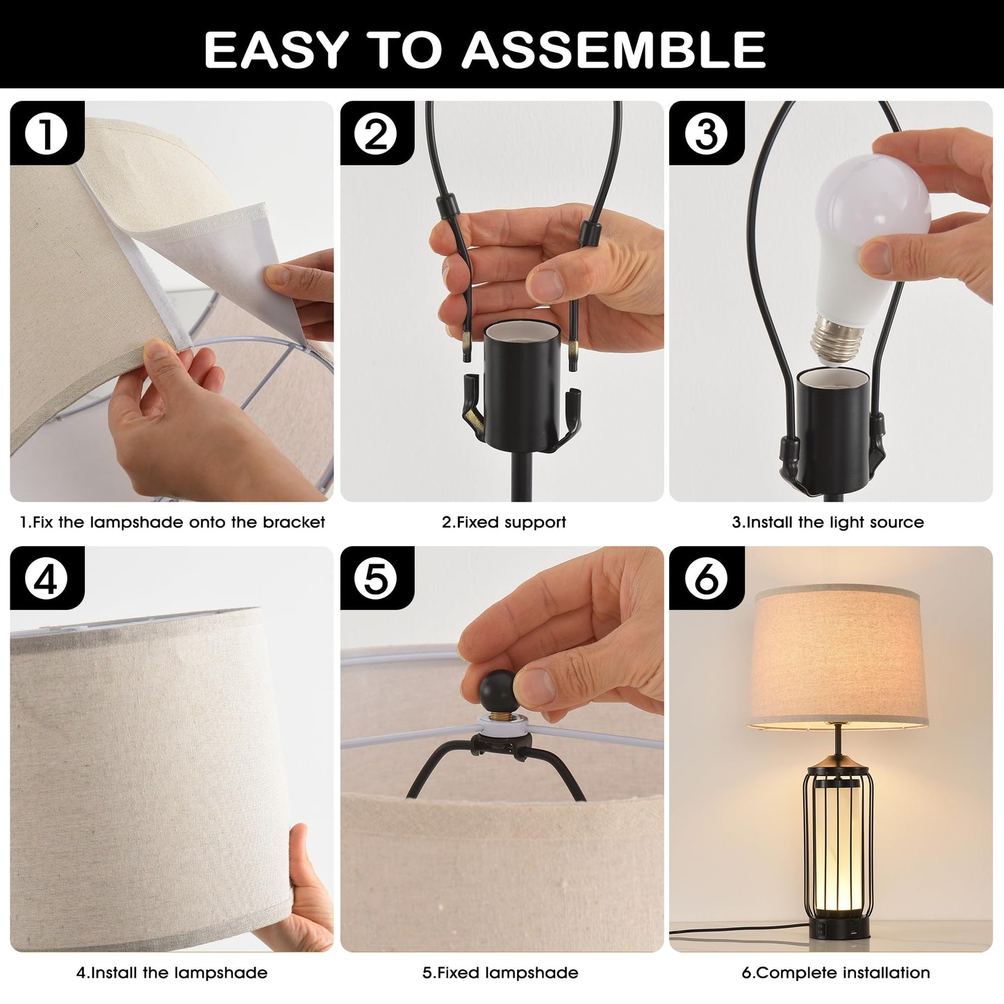 WELAISA-2 Pack Farmhouse Table Lamps for Living Room, Rustic Nightstand Lamp for Bedroom with USB A+C Charging Ports, Frosted Glass Bedside Lamp with Night Light for Entryway End Table