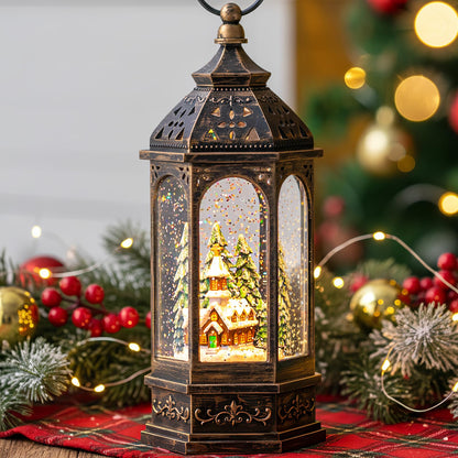 Christmas Snow Globe Lantern Lighted Holiday Village Church with Music& Timer, USB Lined/Battery Operated Lighted Lantern for Christmas Festival Decoration Gifts