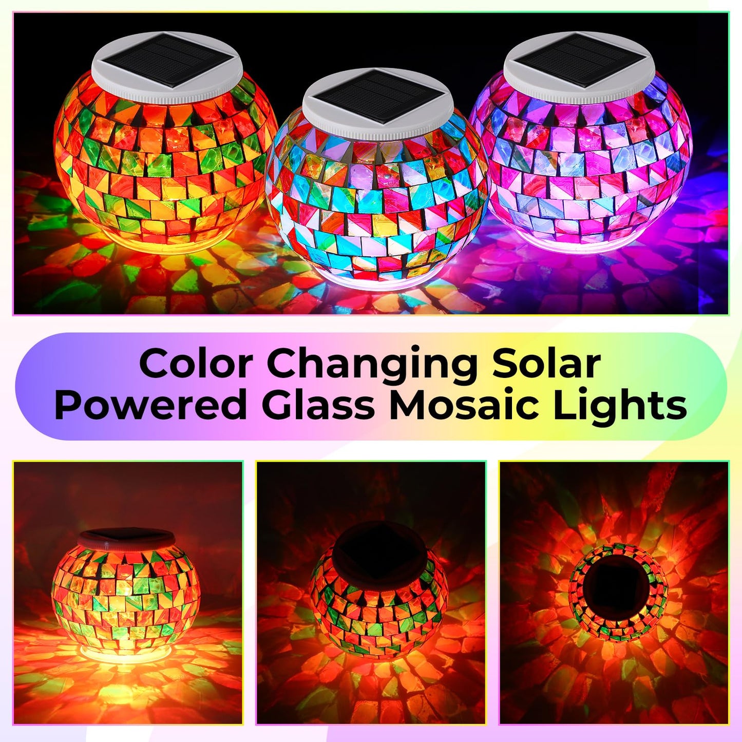 VIHOSE 4 Pcs Color Changing Mosaic Solar Lights Outdoor LED Ball Globe Garden Table Light Waterproof Solar Night Lamps for Christmas Patio Garden Party Yard