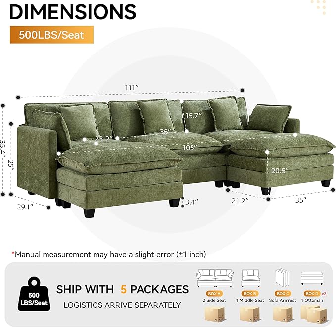 111'' Sectional Cloud Deep Seat Couch, Oversized Chenille U Shaped Sectional