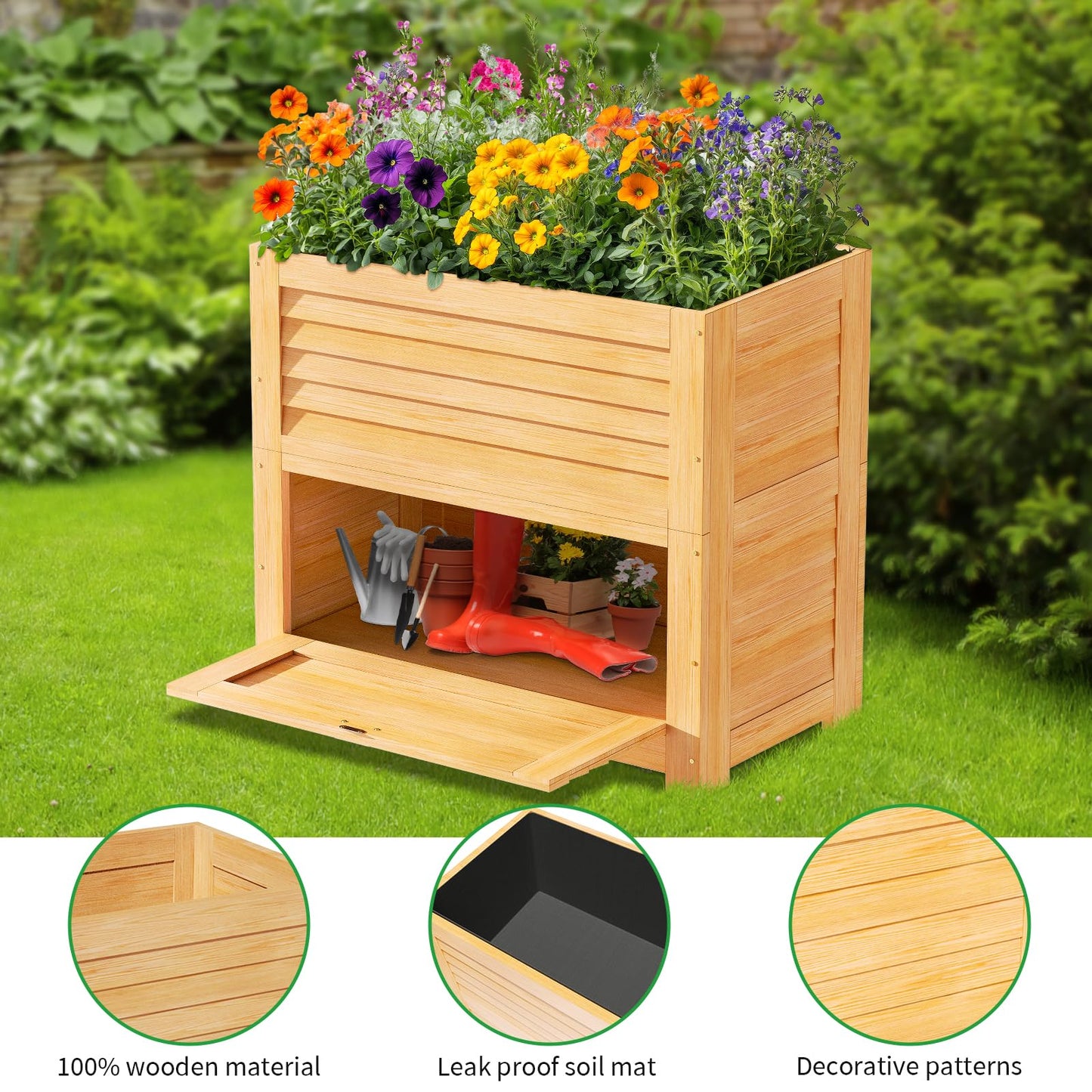 SUNYRISY Wooden Raised Garden Bed with Storage Box, 34" L x 18" W x 30" H Elevated Large Planter Box for Planting Herb Vegetable Flower Outdoor Indoor, Wood