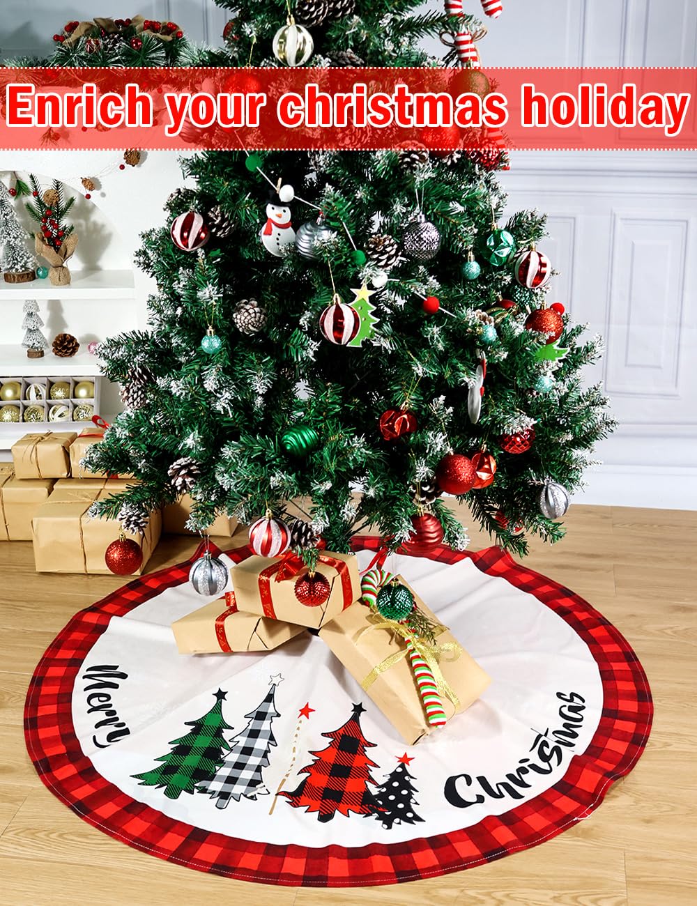 Multiwins Christmas Tree Skirt 48 Inch Red Rustic Xmas Tree Skirt with Snowflake, Black Red Buffalo Plaid Christmas Tree Skirt Ornaments for Merry Christmas Holiday Party Decorations Indoor Outdoor