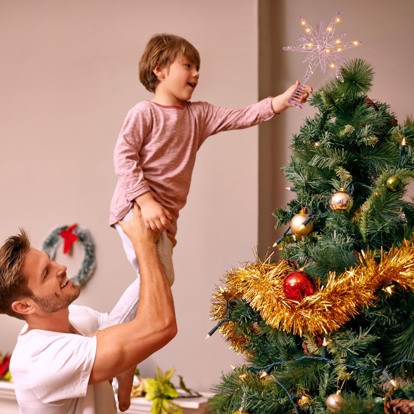 Sonwyoung Large Christmas Star Tree Topper with 20 LED Lights, Glitter Star Tree Topper Sparkle Xmas Treetop Ornament for Christmas Trees Party Holiday Decorations(13 Inch,Pink)