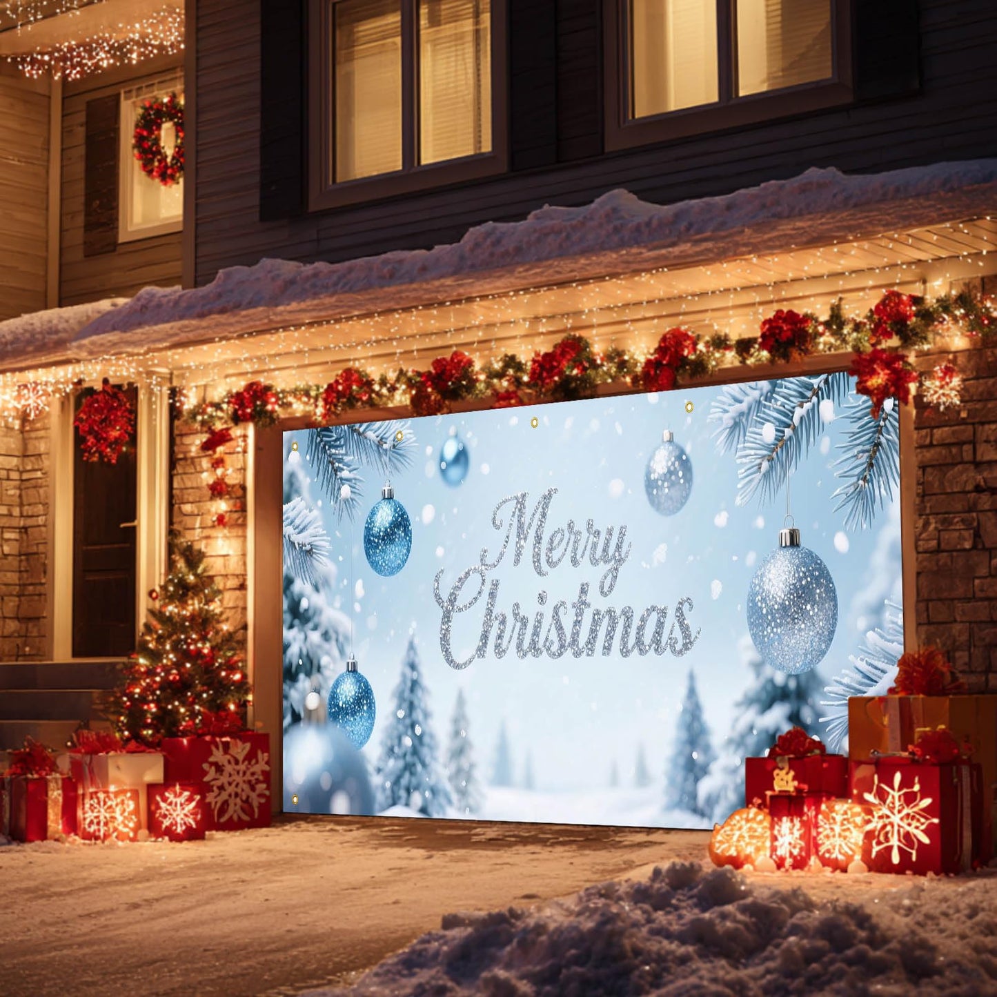 HOMETITUTE Merry Christmas Garage Door Banner 13x6ft Ornaments Snow Trees Theme Backdrop Outdoor Garage Door Cover Winter Scene Display Holiday Yard Decorations for Party Garage Wall Covering