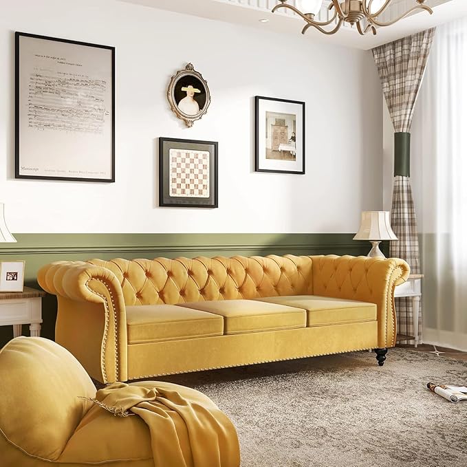 Mid-Century 3 Seater Sofa, Velvet Couch