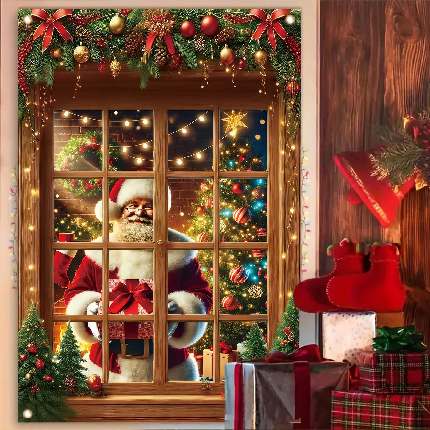 Saoplasa Christmas Santa Window Cover 47x31 Inch Holiday Window Decoration Poster Removable Cling Xmas Santa Claus Mural for Indoor Outdoor Glass Door Living Room Kids Bedroom Christmas Sticker