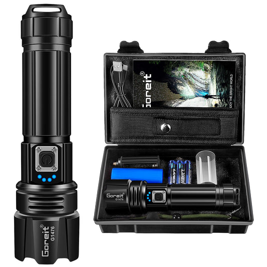 Goreit Flashlight High Lumens Rechargeable, 2000 Lumen Led Flashlights XHP70.2 USB Super Bright Flash Light Battery Powered, Powerful Handheld Flashlights for Emergencies Camping, IP67 Waterproof