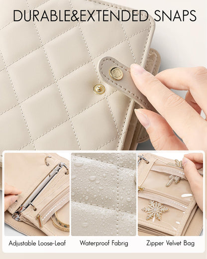 VLANDO Mini Travel Jewelry Organizer Case,Portable Jewelry Organizers Storage Book with Clear Zipper Velvet Jewelry Pouch Bag for Travel Essentials,Ring,Earring-Cream White