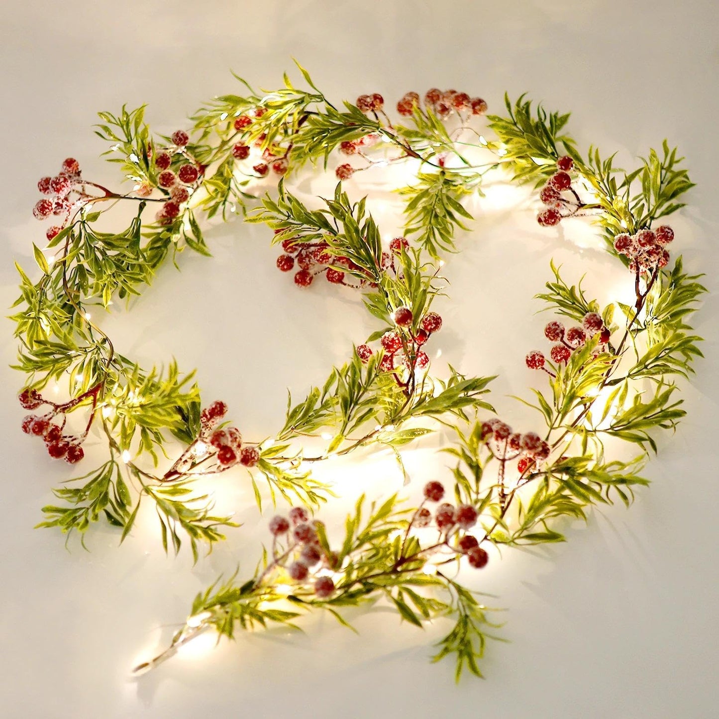 Christmas Garland with Light,Lighted Snowy Red Berries Holly Leaves Garland for Fireplace Mantle Indoor Outdoor Christmas Decoration 6.5FT Pre-lit Battery Operated Xmas String Lights 1 Pack