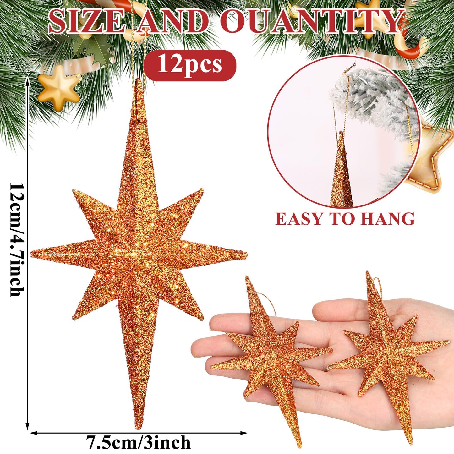 Quzzil 12 Pcs Christmas Bethlehem Star Bronze Ornament 4.72 x 2.95 Inch Star of Bethlehem Christmas Tree Topper Glitter Ornament Plastic Nativity Stars Hanging Decor Accessories