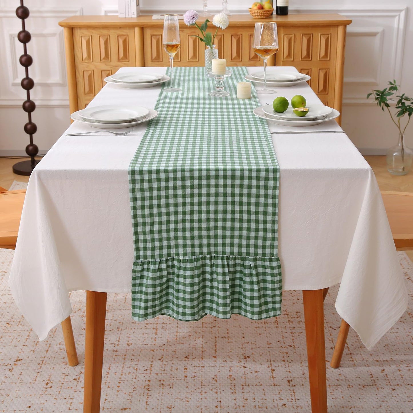Christmas Green White Plaid Gingham Ruffle Table Runner 120 inches Long Christmas 100% Washed Cotton Decorative Farmhouse Cabinet Cover (Green, 120"x13")