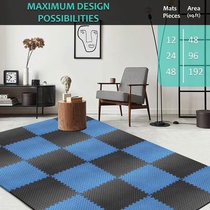 BEAUTYOVO Puzzle Exercise Mat With 24 Interlocking Foam Tiles, 24'' x 24'' EVA Floor Tiles, Protective Flooring for Gym Equipment (96 Sq.Ft - Black&Blue)
