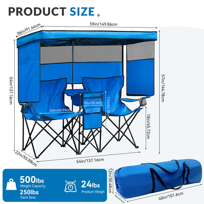 WTVIDAS Double Beach Chair with Canopy Shade Oversized Camping Chairs with Cooler Bag&Cup Holders Folding Loveseat for Outside Lawn Camping