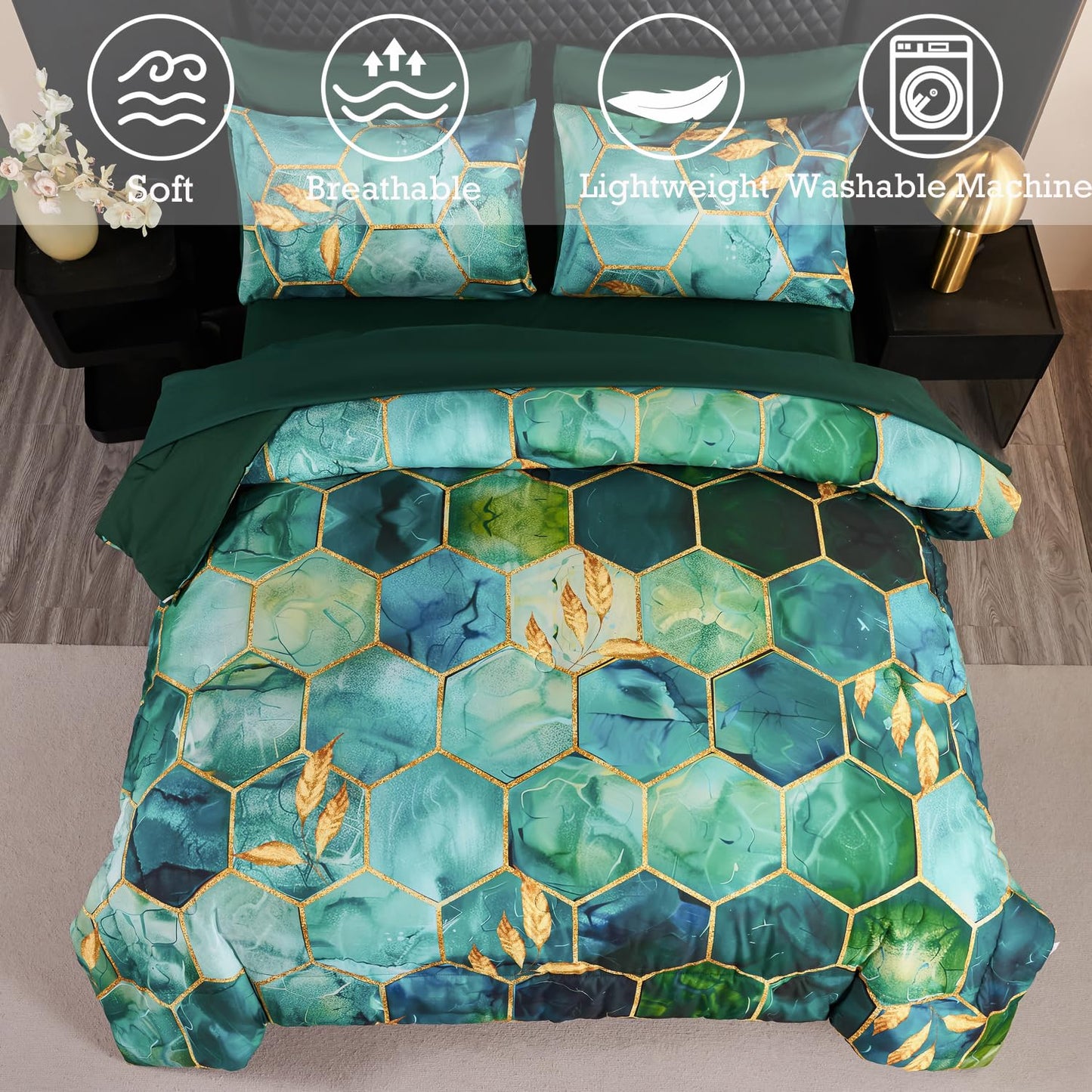ANGIYUIN 7 Pieces Turquoise Gold Marble Comforter Set Queen Watercolor Printed Bedding Comforter Set Luxury Gold Trim Bed Set Hexagon Honeycomb Bed in A Bag with Sheets(Queen Teal Green)