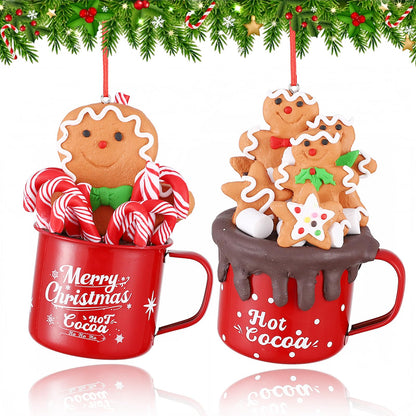 Cute Christmas Gingerbread Hanging Ornaments,2Pcs Mini Red Hot Cocoa Mugs with Handmade Clay Gingerbread Man Cookies,Chocolate,Marshmallows,Candy Canes for Winter Holiday Party Xmas Tree Decorations