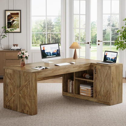 Tribesigns 71 Inch Executive Desk with Storage Cabinet, Large Office Desk L Shaped Computer Desk with Storage Shelves, Business Furniture Desk Workstation for Home Office, Rustic Brown
