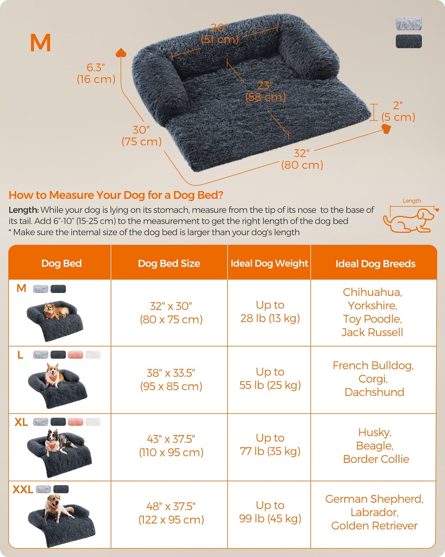 Feandrea FluffyHug Sofa Bed, Cover, Calming Bed for Small and Medium Dogs, M, 80 x 75 x 16 cm, Dark Grey PGW221G02