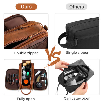 Elviros Water-Resistant PU Leather Toiletry Bag for Men Large Travel Wash Bag Shaving Dopp Kit Bathroom Gym Toiletries Makeup Organizer with Wet Dry Compartment (Brown)