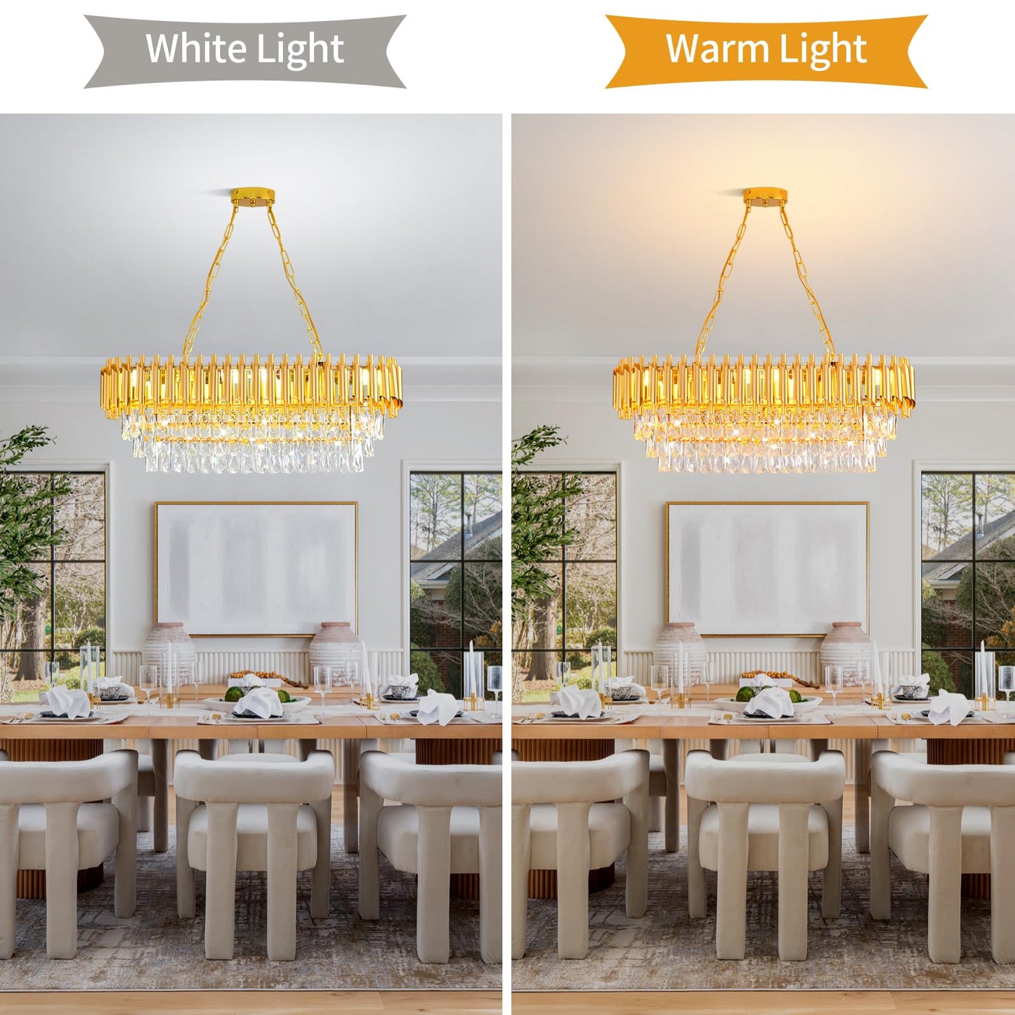AKDXIRUN Modern Crystal Chandeliers for Dining Room 8-Light Rectangular Gold Crystal Chandelier Living Room Oval Contemporary Linear Pendant Light Fixture for Kitchen Island Bar Restaurant L32