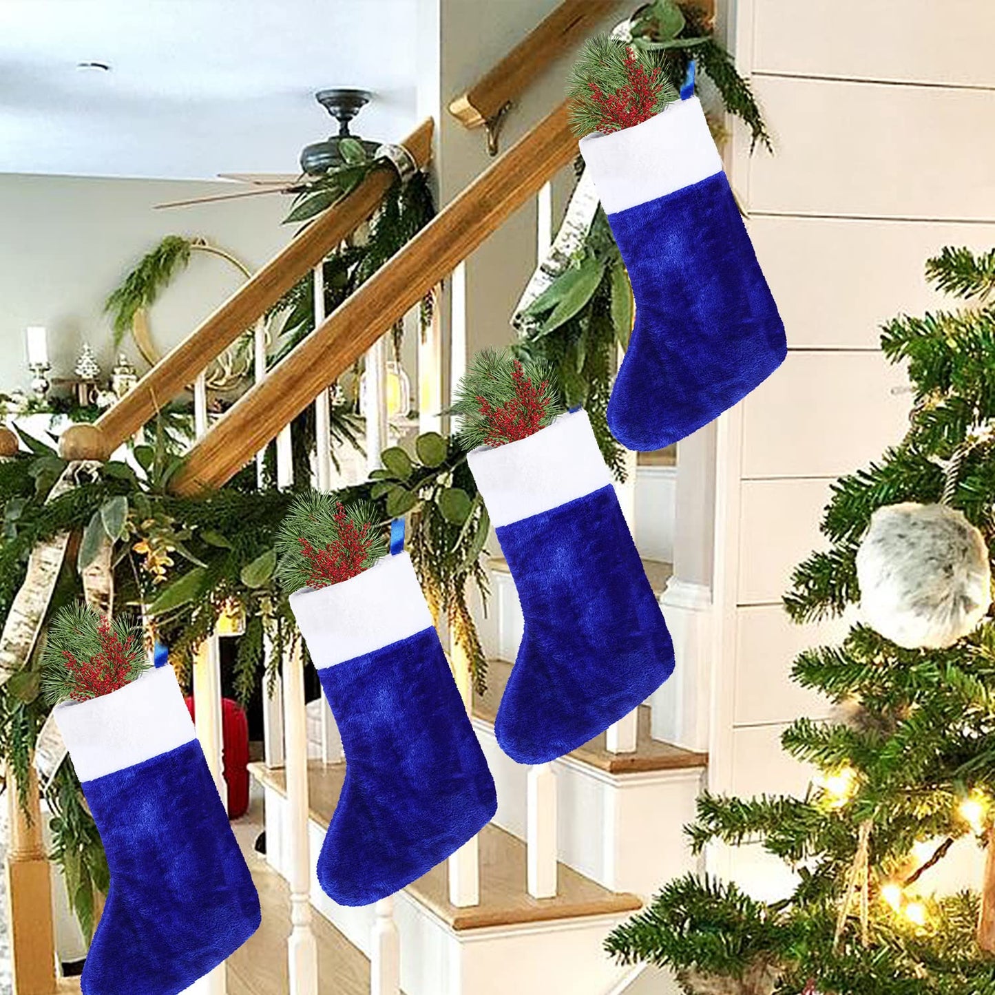 CCINEE Blue Christmas Stockings, 6pcs 18 Inches Tall Blue Design with Plush Cuff Classic Large Stocking Decorations for Xmas Festive Gifts Home Fireplace Decor