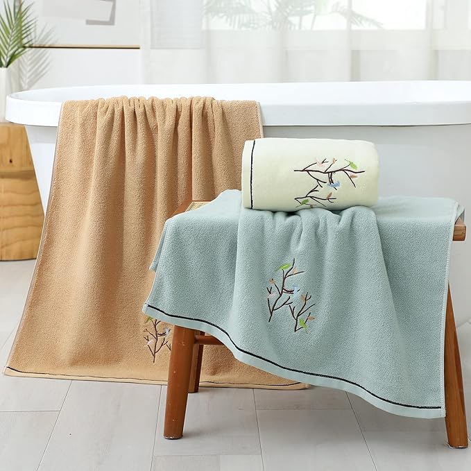 Pidada Bath Towel Embroidered Bird Tree Pattern 100% Cotton Soft Absorbent