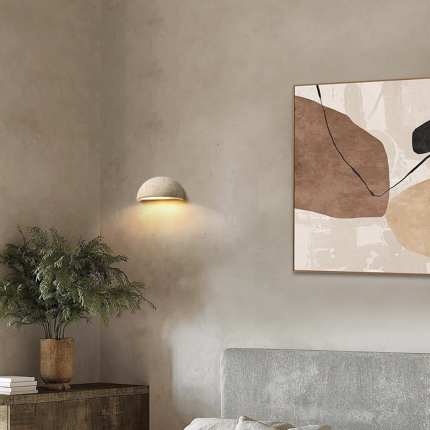 Wabi-Sabi Art Lighting Fixture Nordic Modern Marble Wall Sconce, Half Moon Semi Circle Yellow Travertine Wall Lamp,Japanese Style Natural Stone Bedside Wall Light for Bedroom, Foyer, Entryway,Stairs