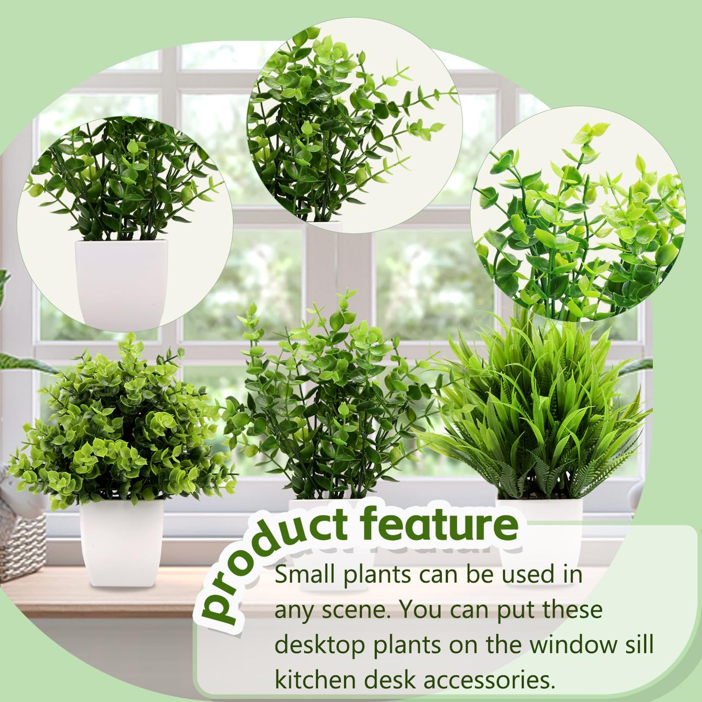 GREENTIME 3Pack Mini Fake Plants in Pots Artificial Plastic Eucalyptus Plant Wheat Grass Potted Faux Greenery Indoor for Office Desk Coffee Table Bathroom Bedroom Home Decorations