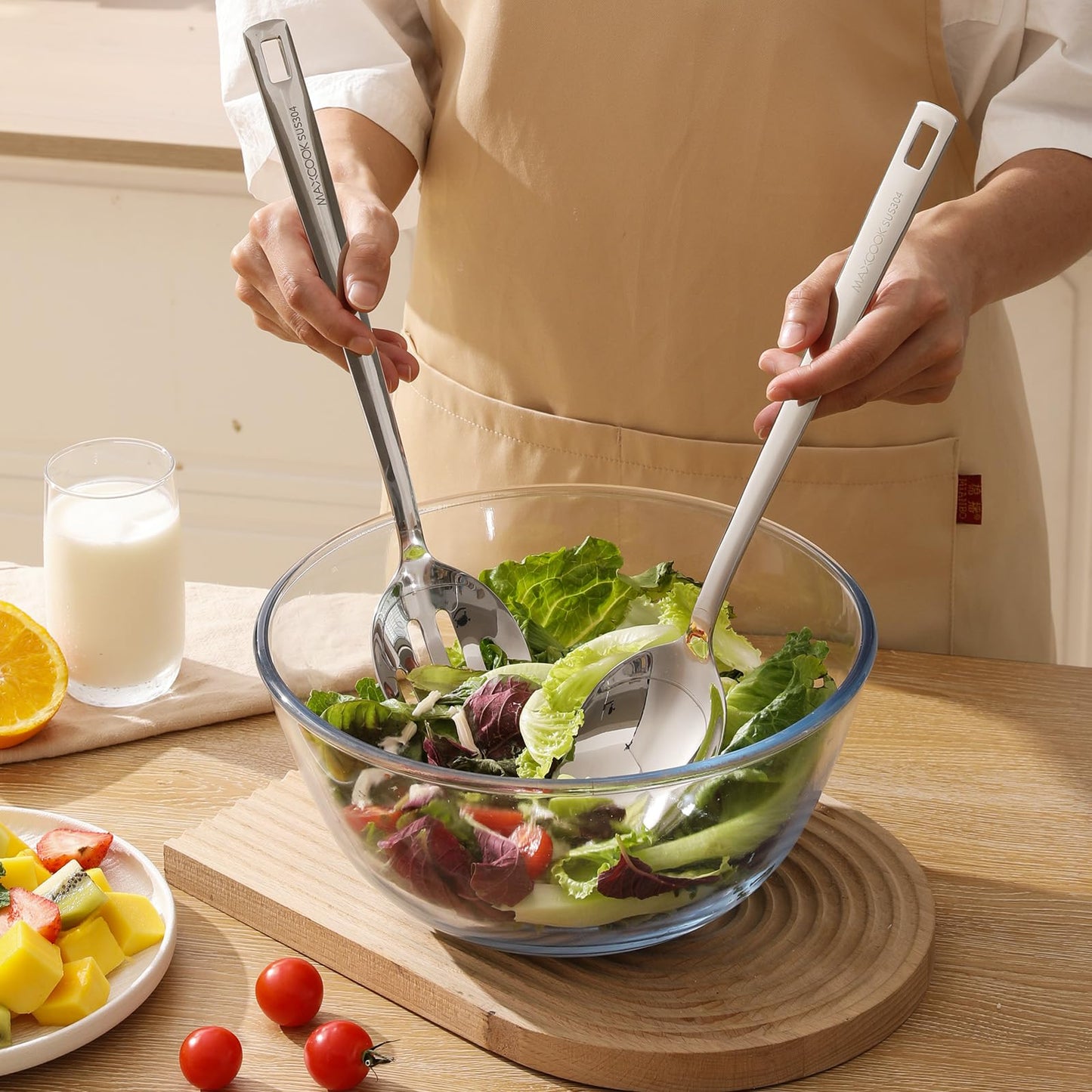 MAXCOOK 18/8 Stainless Steel Cooking Spoons Set - 2-Piece Solid Slotted Serving Spoon Cooking Utensils set for Pasta, Veggies, Salads (Dishwasher-Safe)