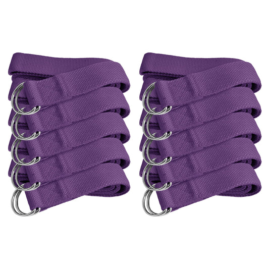 Sunshine Yoga 10-Pack Yoga Strap, 6-Foot Yoga Straps With Anti-Slip D-Ring Buckle, Adjustable Leg Stretching Strap for Muscle and Hamstring Stretch, Exercise Strap for Schools and Studios, Purple