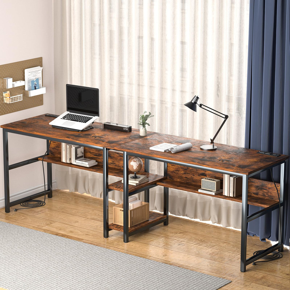 Ytaoka 78.74" Two Person Desk with 2 Power Strips, Double Desk with Shelves, Long Computer Desk for Two People, Wood Writing Desk Workstation for Home Office, 23.62"D x 78.74"W x 29.52"H, Rustic Brown