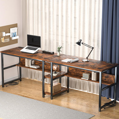 Ytaoka 78.74" Two Person Desk with 2 Power Strips, Double Desk with Shelves, Long Computer Desk for Two People, Wood Writing Desk Workstation for Home Office, 23.62"D x 78.74"W x 29.52"H, Rustic Brown