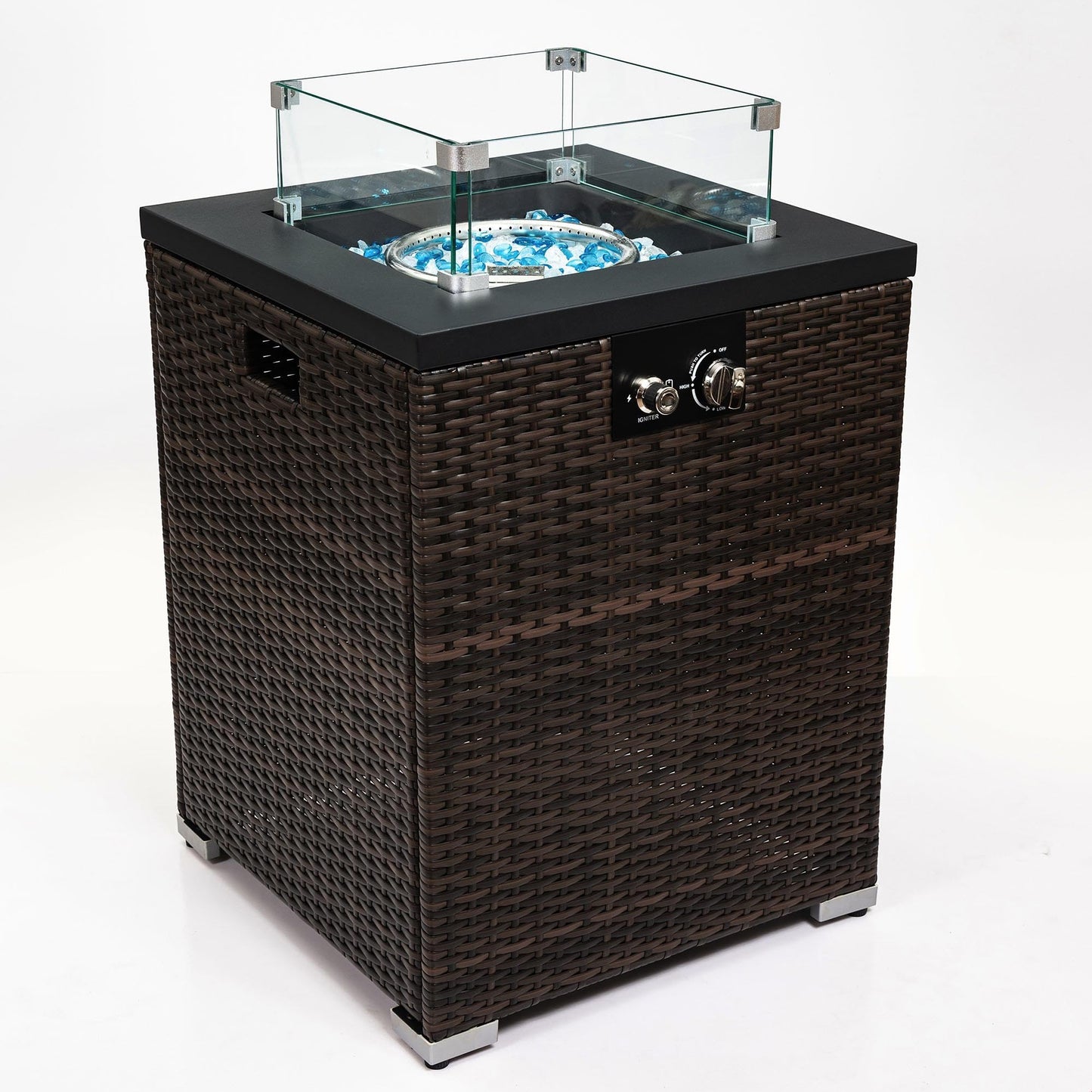 GDFStudio 22" Outdoor Propane Gas Fire Pit Table, 40,000 BTU Square Patio Heater with Wicker Base, Glass Wind Guard & Rain Cover, Small Outdoor Firepit for Garden Deck Backyard, Dark Brown